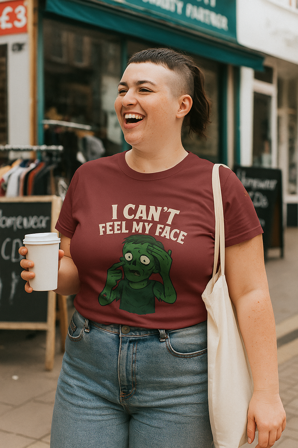 Unisex Hilarious Undead Tee - Zombie Can't Feel His Face T-Shirt - Perfect for Halloween & Humor Lovers