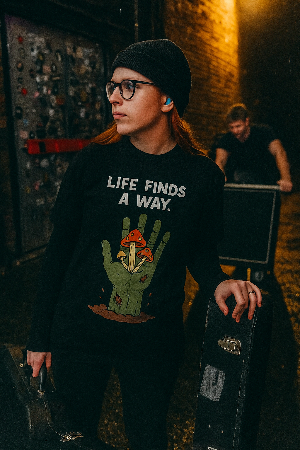 Unisex Life Finds a Way T-Shirt - Darkly Whimsical Zombie Hand & Mushroom Design - Funny Horror Tee for Nature Lovers
