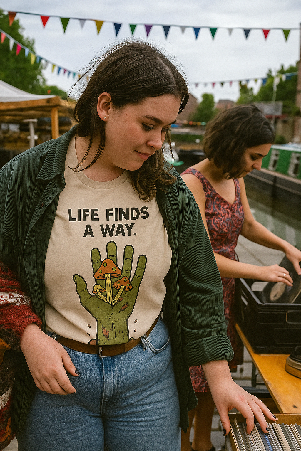 Unisex Life Finds a Way T-Shirt - Darkly Whimsical Zombie Hand & Mushroom Design - Funny Horror Tee for Nature Lovers