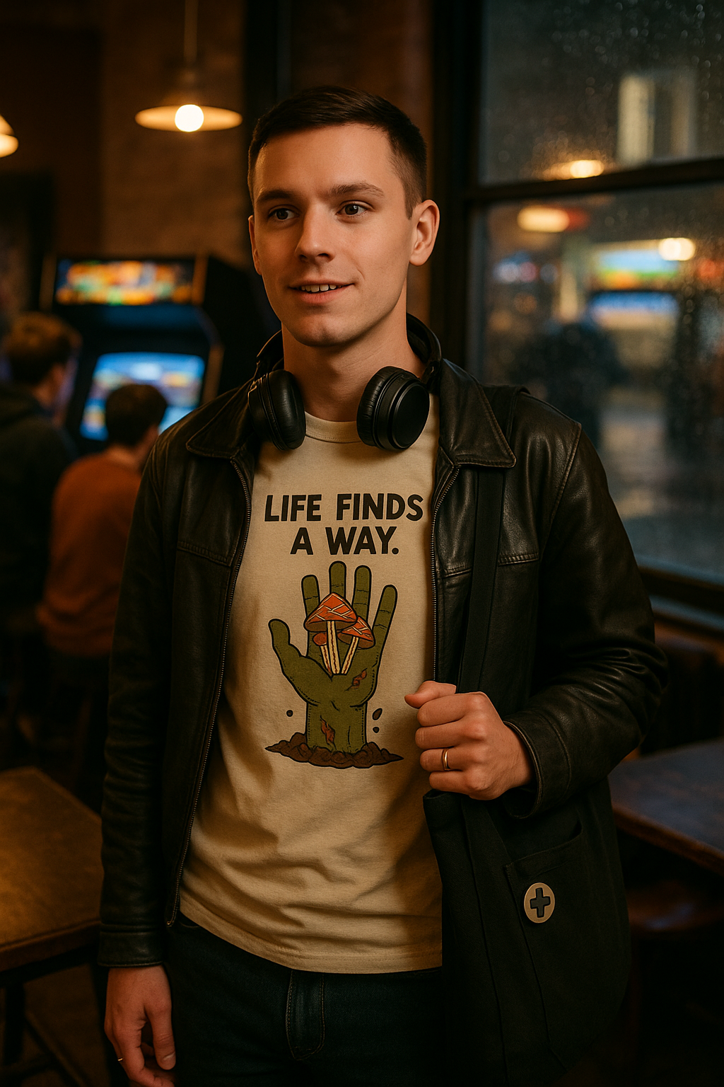 Unisex Life Finds a Way T-Shirt - Darkly Whimsical Zombie Hand & Mushroom Design - Funny Horror Tee for Nature Lovers