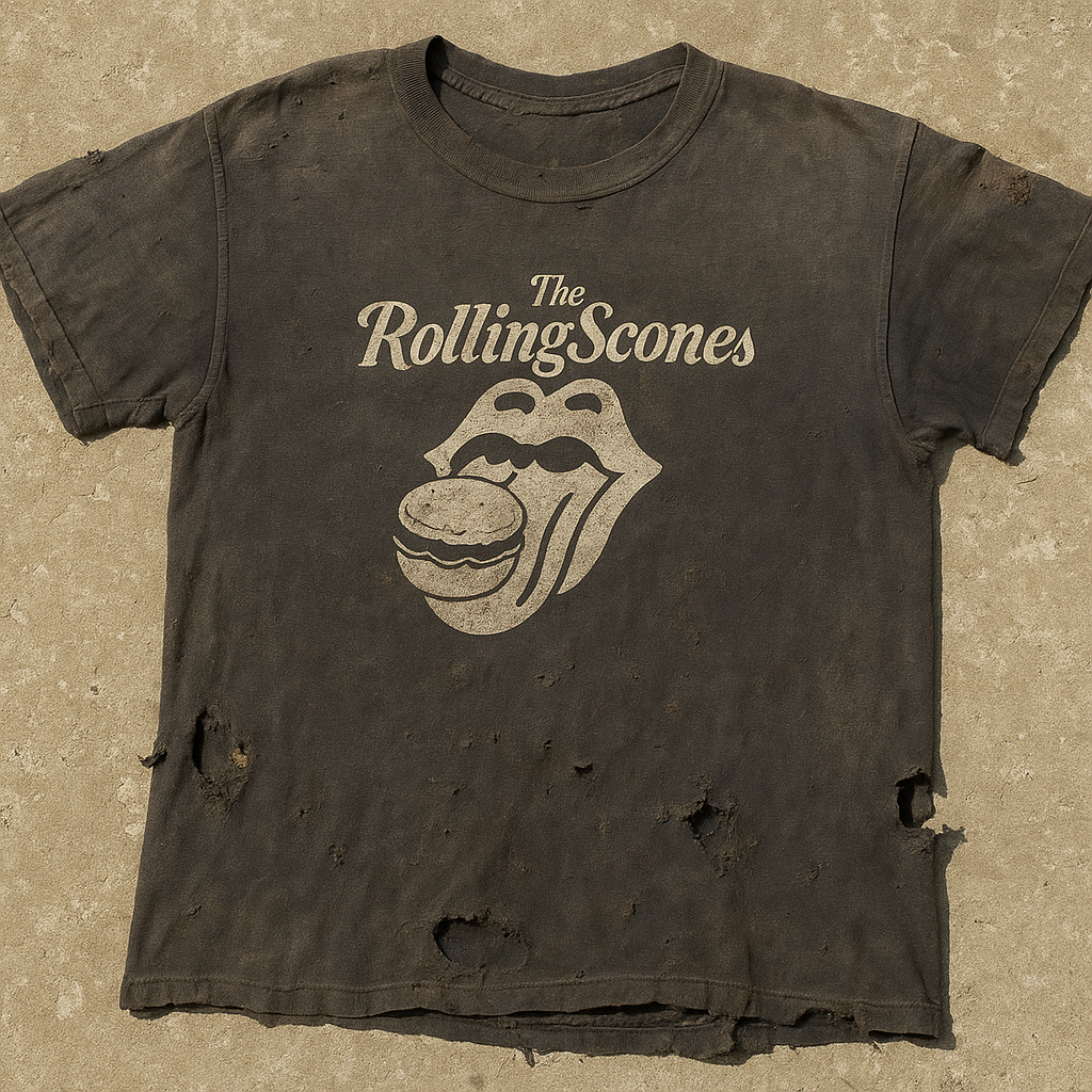 Unisex Rolling Scones Parody T-Shirt in white | Funny Rock & Foodie Tee | Gift for Music Lovers