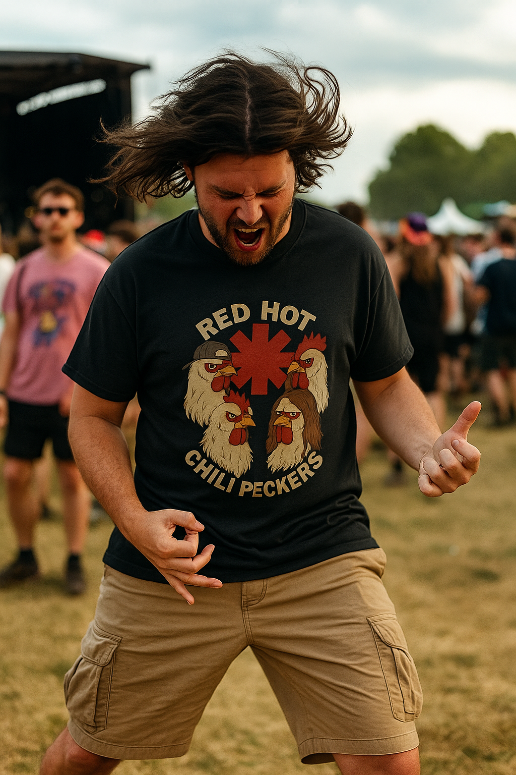 Unisex Cluck Yeah! Red Hot Chili Peckers T-Shirt - Funny Chicken Band Tee - Cool Music Pun Shirt