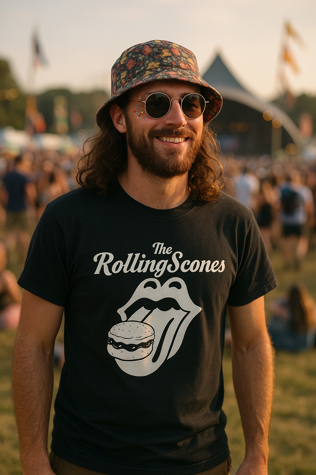Unisex Rolling Scones Parody T-Shirt in white | Funny Rock & Foodie Tee | Gift for Music Lovers