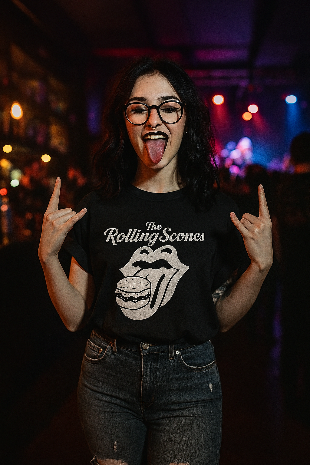 Unisex Rolling Scones Parody T-Shirt in Black | Funny Rock & Foodie Tee | Gift for Music Lovers