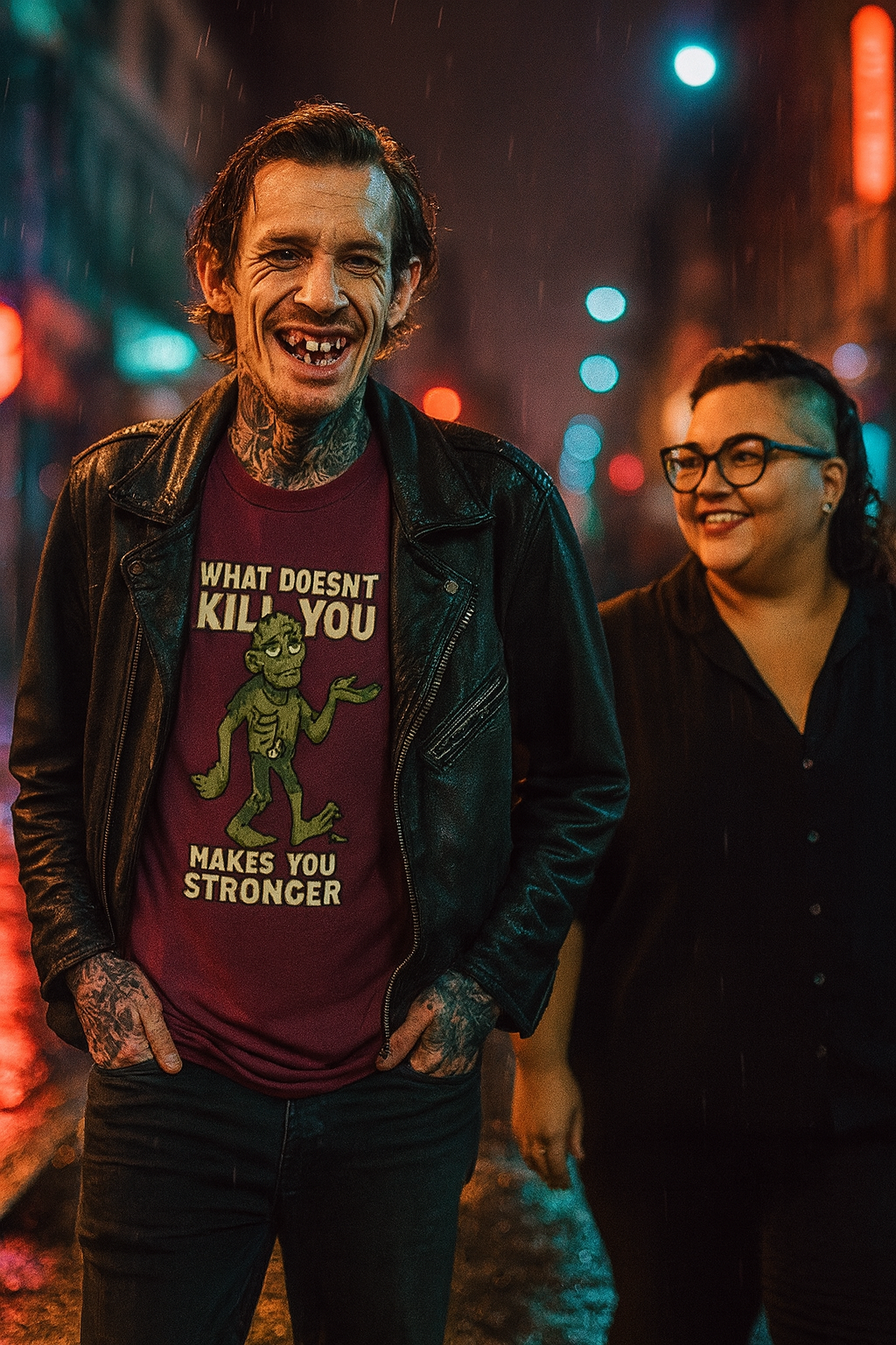 Unisex Zombie Humor T-Shirt - “What Doesn’t Kill You Makes You Stronger" | Hilarious Cartoon Style Tee