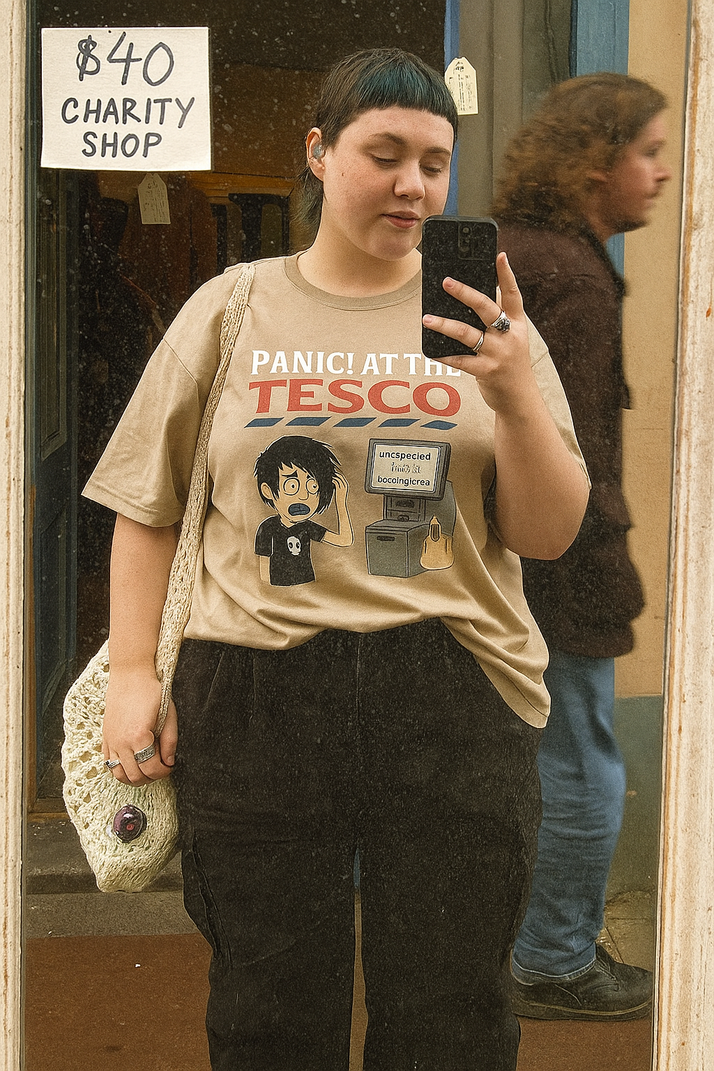 Panic! At the supermarket T-Shirt - Hilarious Goth Self-Checkout Parody - Perfect for Emo Fans & Retail Warriors