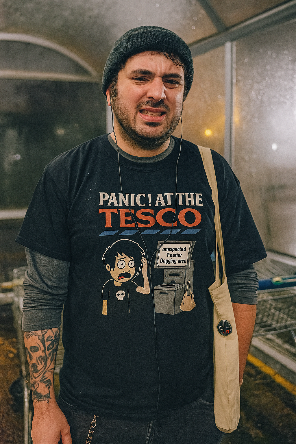 Panic! At the supermarket T-Shirt - Hilarious Goth Self-Checkout Parody - Perfect for Emo Fans & Retail Warriors