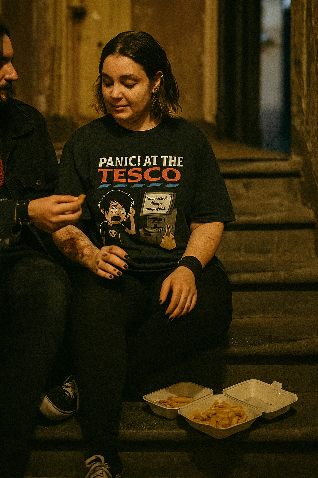 Panic! At the supermarket T-Shirt - Hilarious Goth Self-Checkout Parody - Perfect for Emo Fans & Retail Warriors